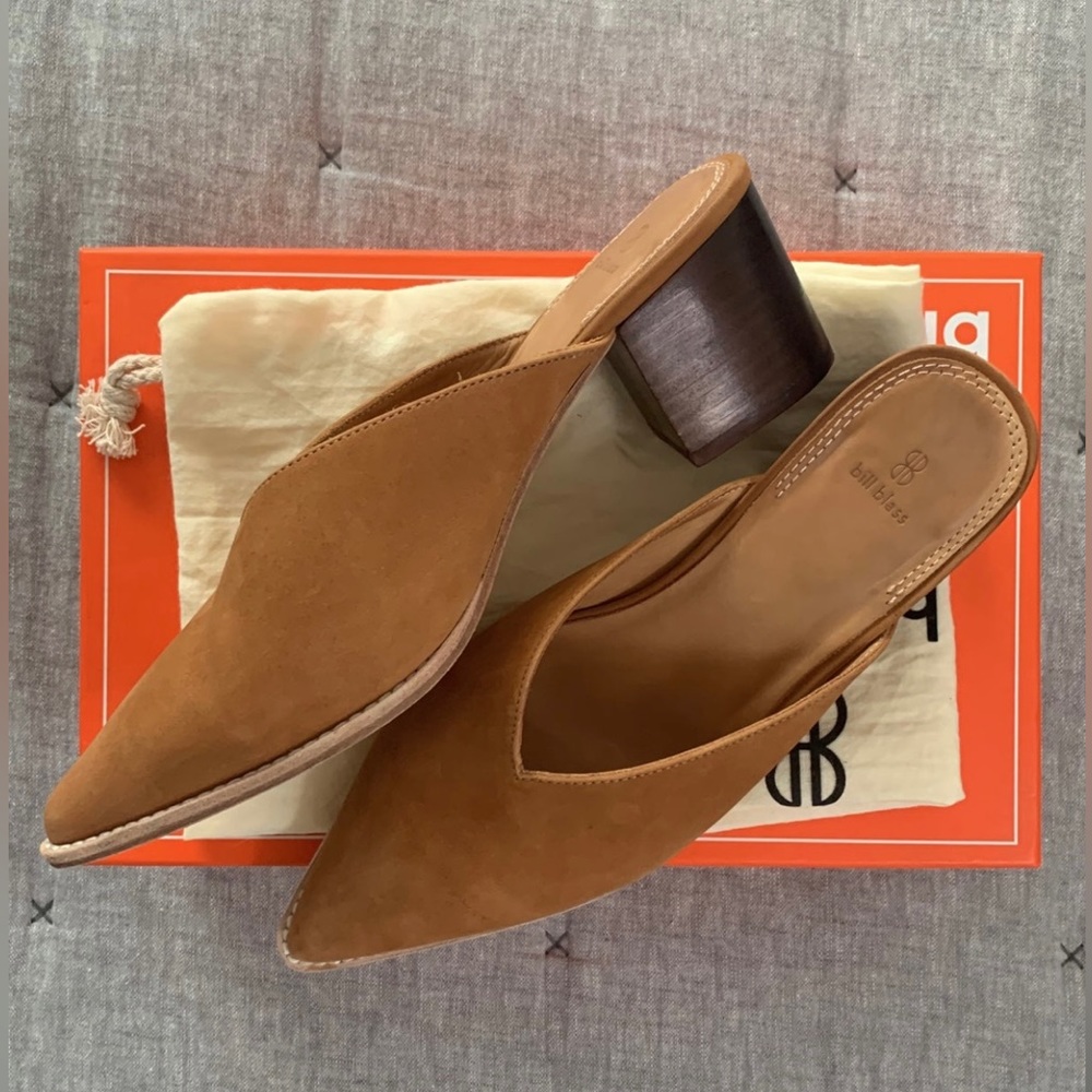 Bill Blass nubuck leather, pointy toe mules. Size 7.5.